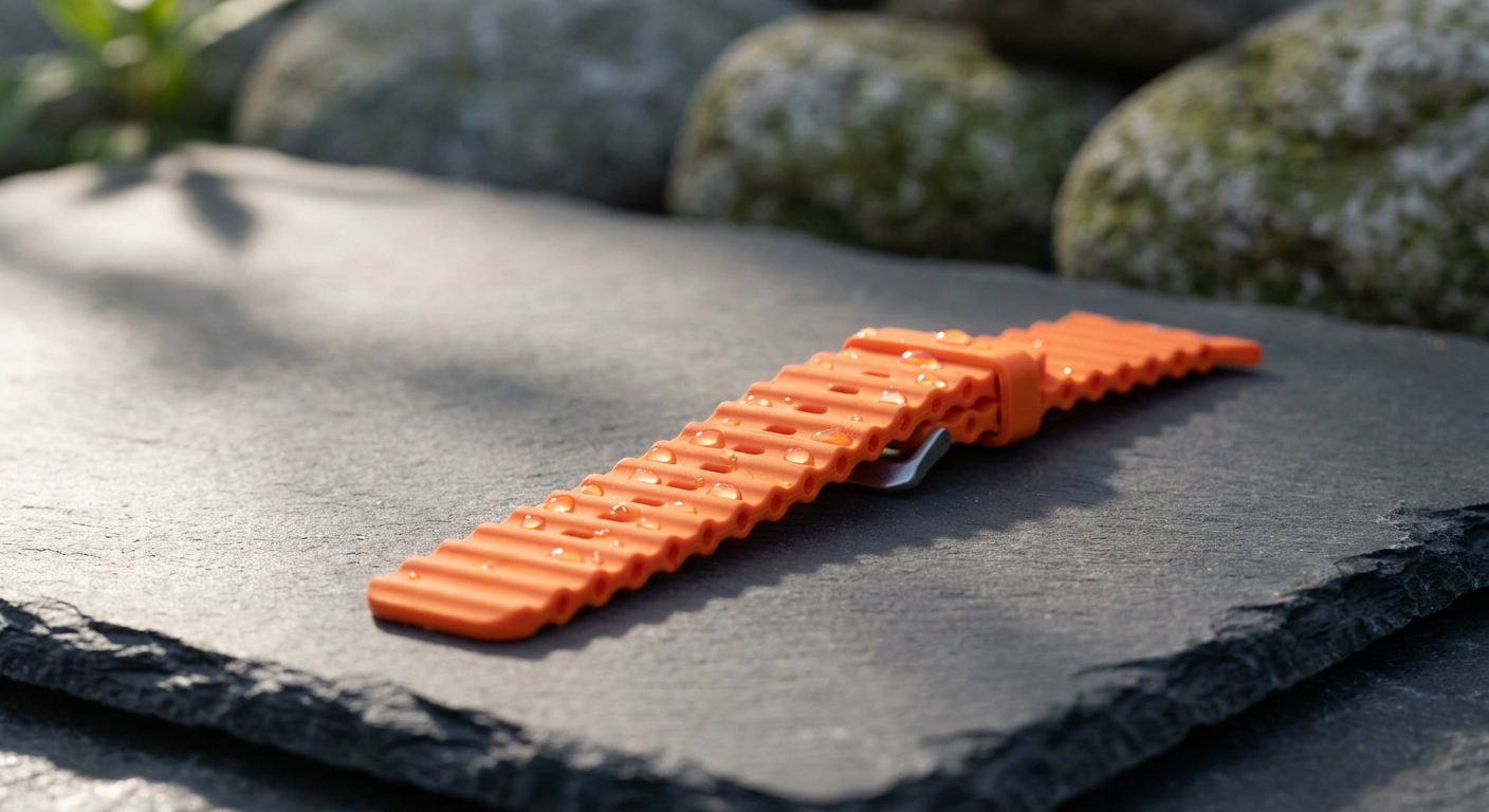 Narancssárga, sportos szilikon Apple Watch szíj apró vízcseppekkel a felületén.