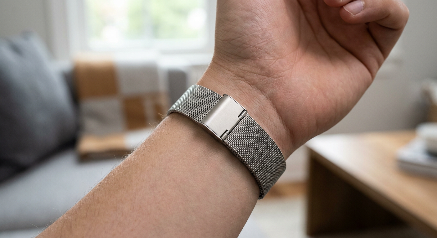 Férfi csuklóján egy elegáns, rozsdamentes acél milánói Apple Watch szíj.