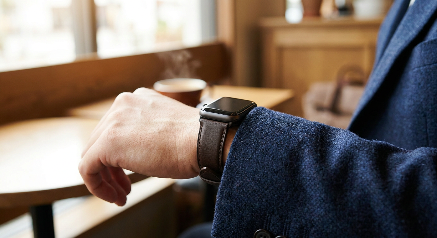 Apple Watch barna bőrszíjjal egy zakót viselő személy csuklóján.