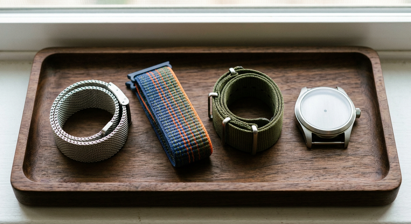 Három különböző Apple Watch szíj egy óratok mellett elrendezve egy tálcán.