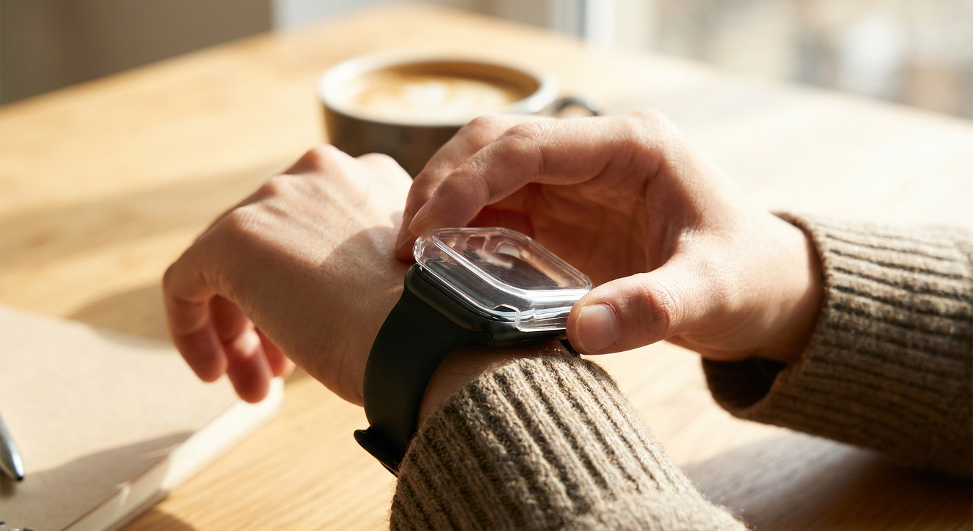 Egy személy éppen egy átlátszó, kemény tokot pattint fel az Apple Watch órájára.