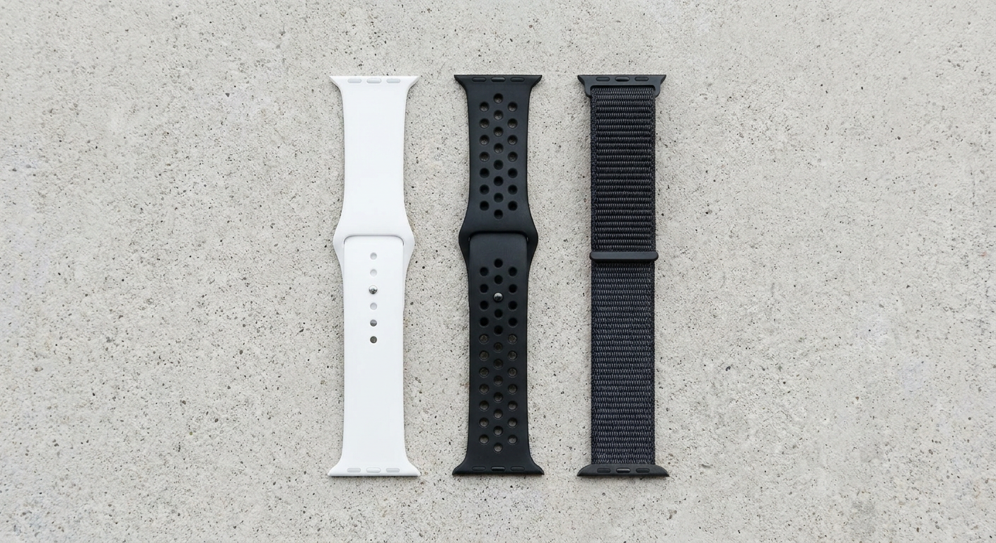 Egymás mellett egy szilikon, egy sport és egy sport loop Apple Watch szíj.