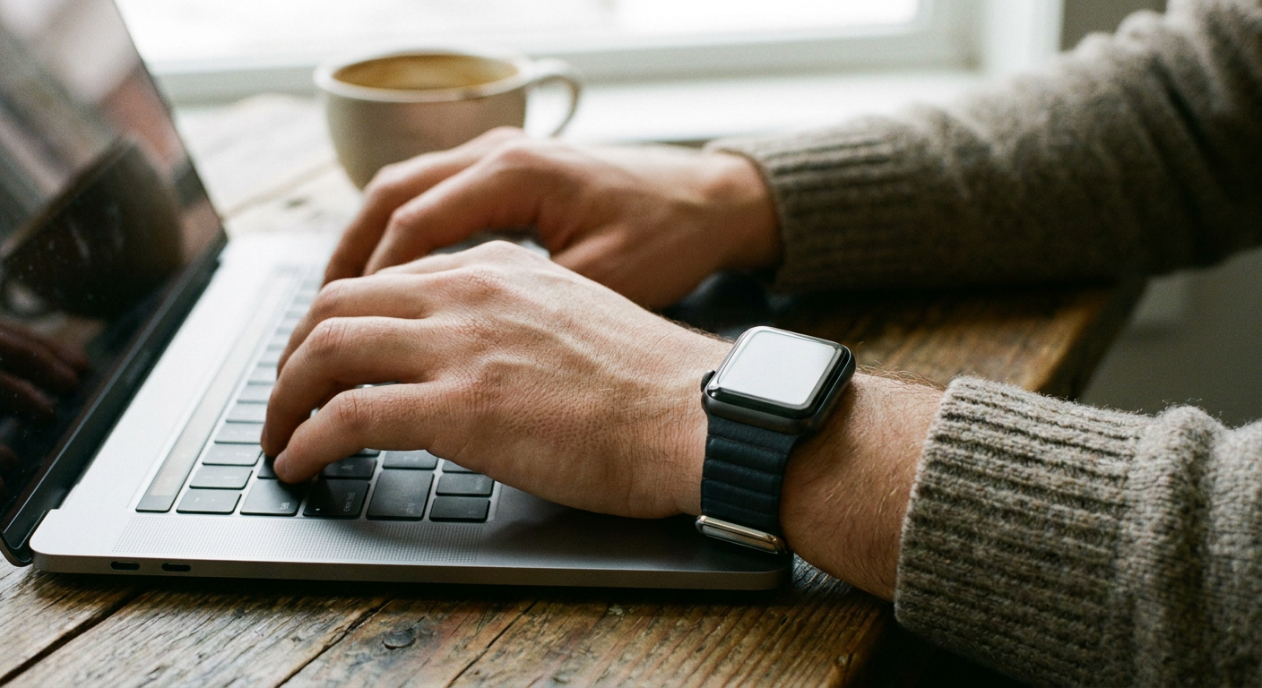 Mágneses Apple Watch szíj egy laptop fém felületének közelében.