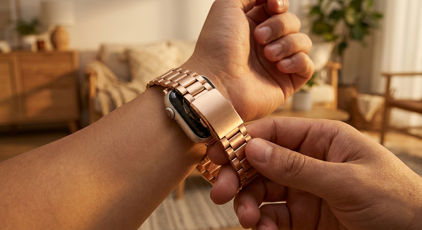 Közelkép egy rozéarany fém Apple Watch szíj csatlakozójáról és csatjáról.