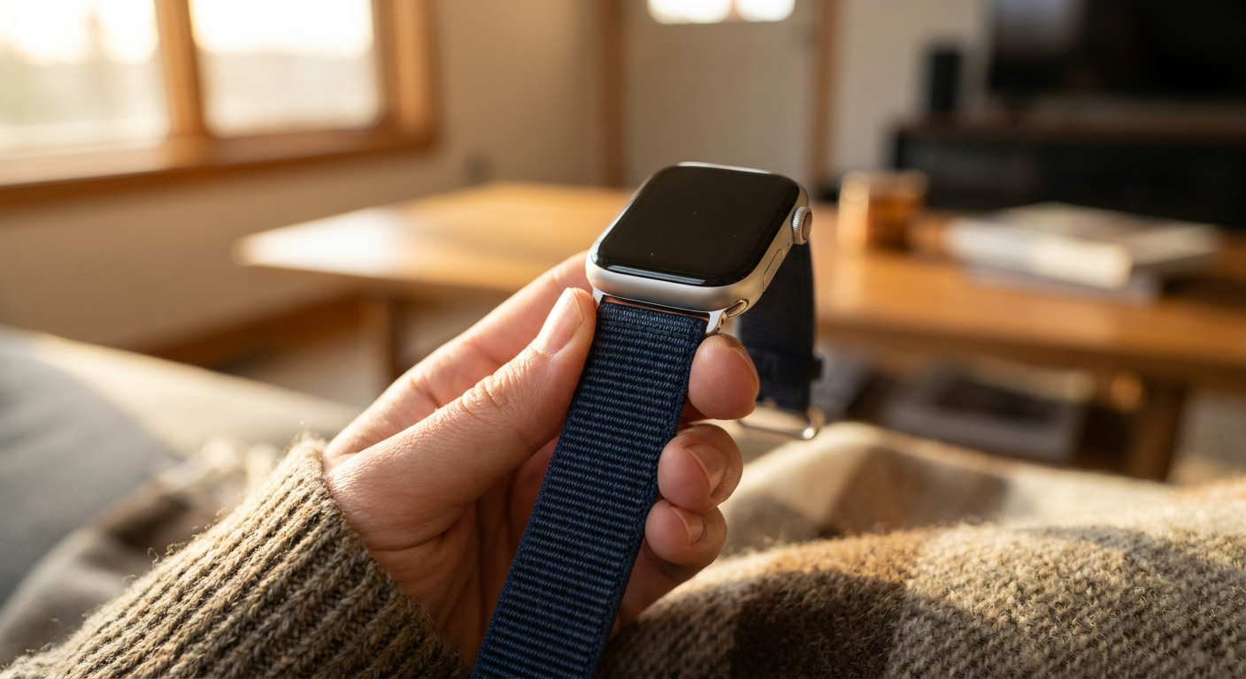 Egy férfi éppen egy sötétkék szövet szíjat csúsztat be egy új Apple Watch órába.