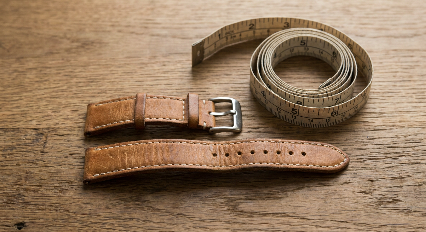 Apple Watch bőrszíj egy mérőszalag mellett a csuklóméret ellenőrzéséhez.
