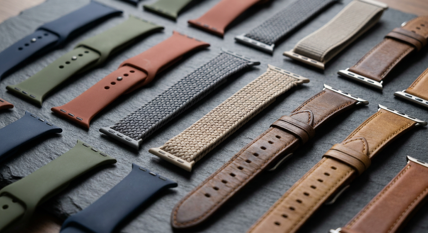 Különböző anyagú és színű Apple Watch szíjak egymás mellett elrendezve