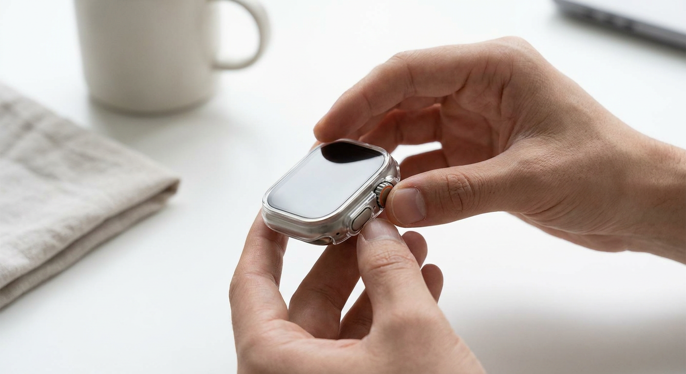 Személy egy átlátszó védőtokot helyez fel egy Apple Watch Ultra órára.