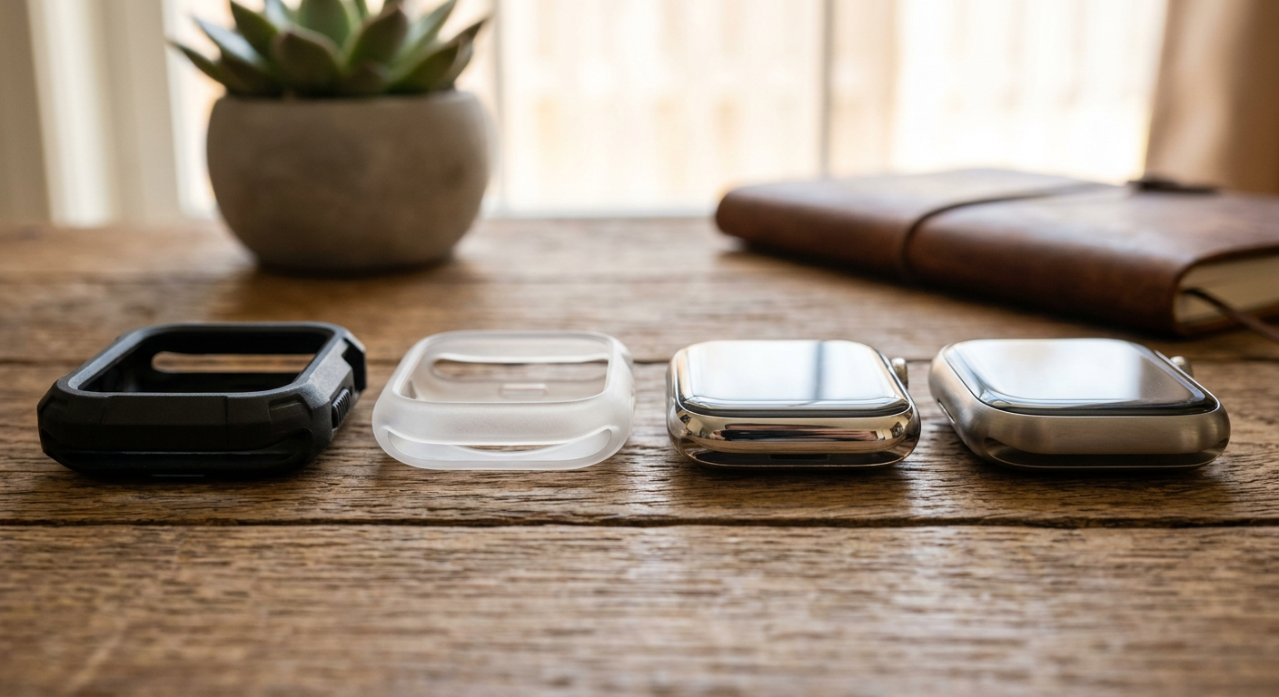 Különböző anyagú Apple Watch tokok, szilikon, műanyag és fém közelről.