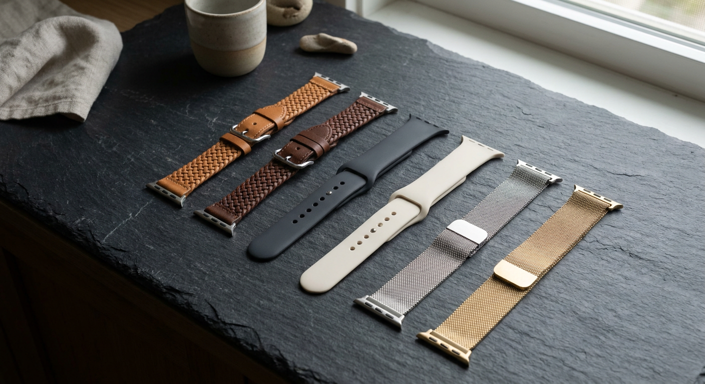 Különböző anyagú és stílusú Apple Watch szíjak egy sötét felületen elrendezve.