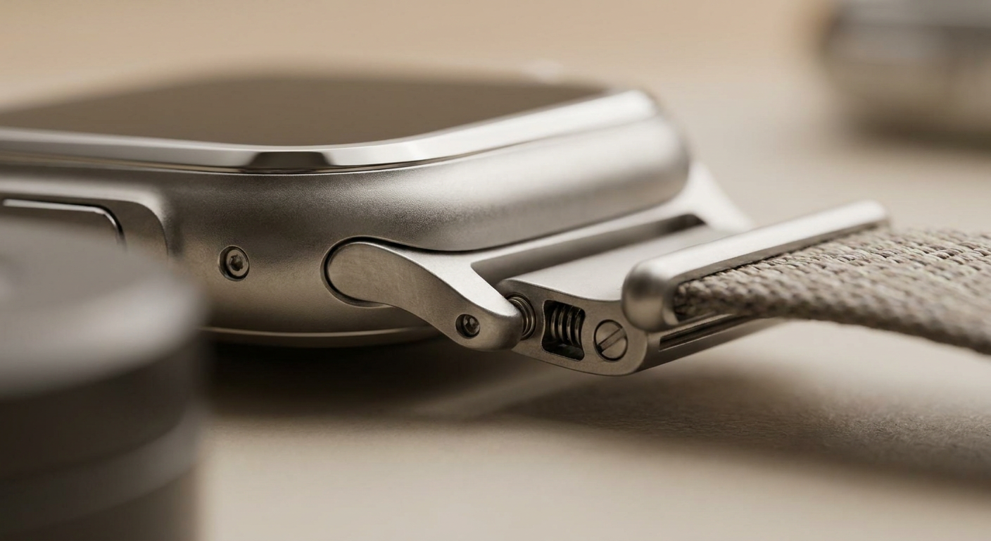 Apple Watch szíj csatlakozási pontjának közeli, részletes képe.