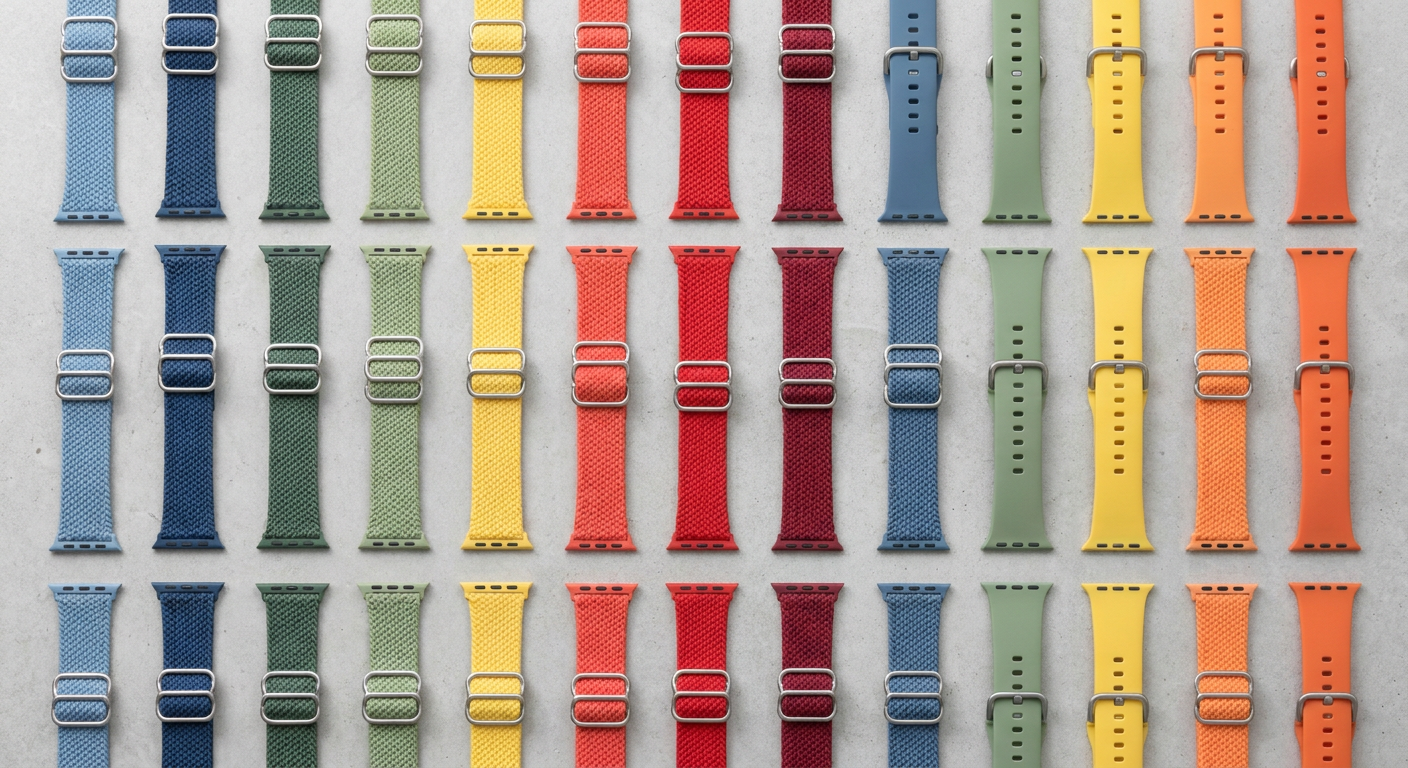 Különböző színű Apple Watch szilikon és nylon sportszíjak felülnézetből