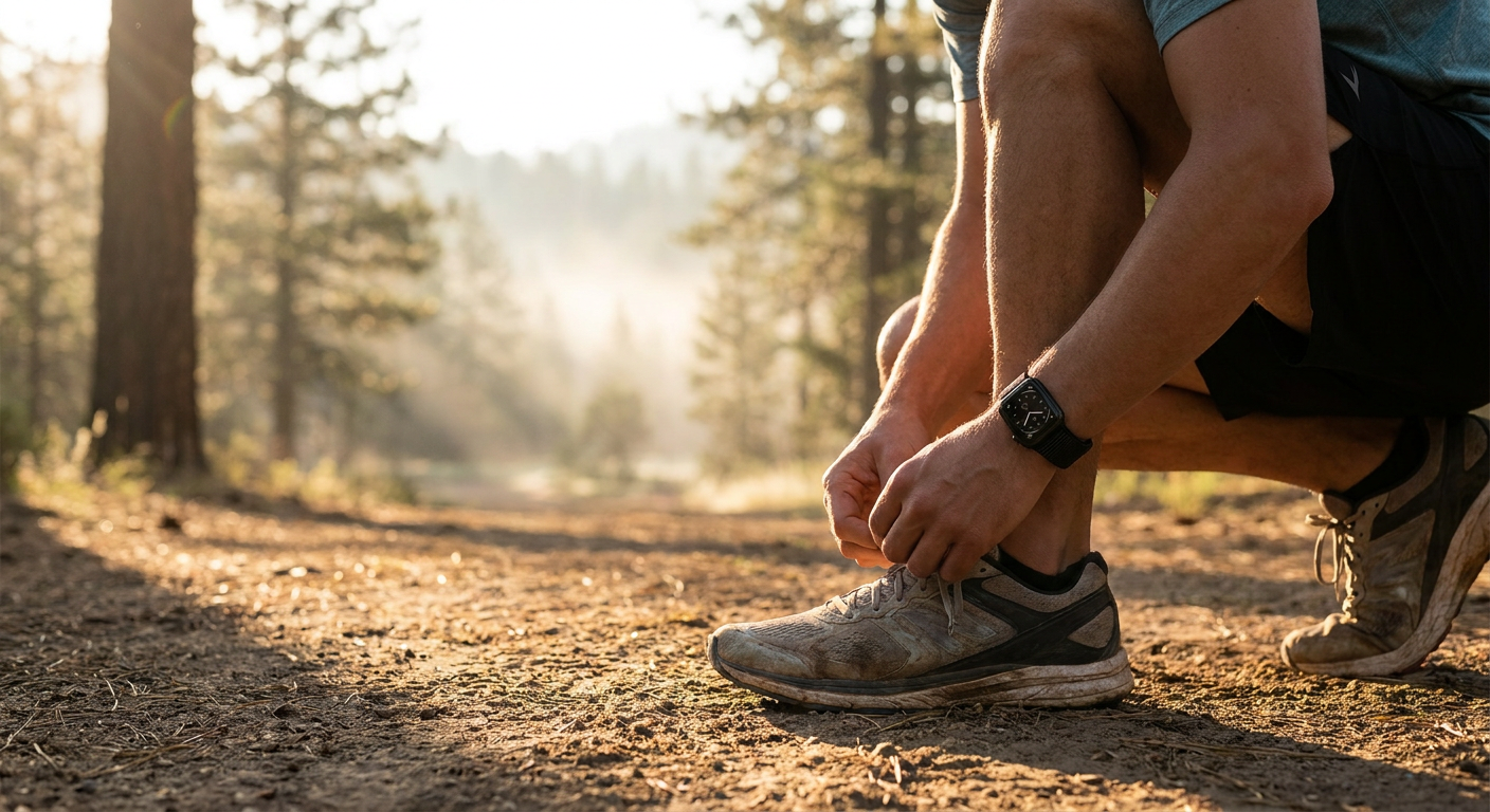 Futó köti a cipőfűzőjét, csuklóján egy fekete Apple Watch nylon sportszíjjal