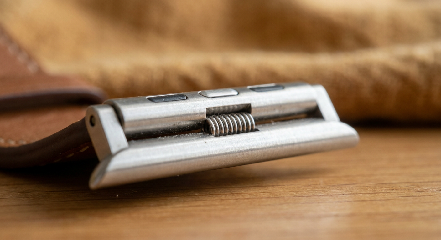 Egy Apple Watch szíj csatlakozójának közeli képe, amely a mechanizmust mutatja.