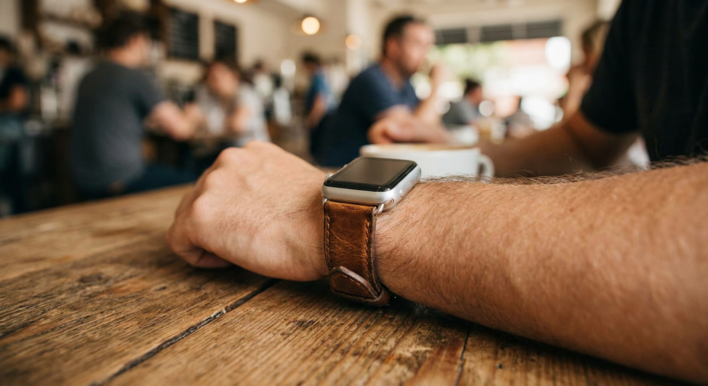 Egy személy csuklója, amelyen egy barna bőrszíjas Apple Watch látható.