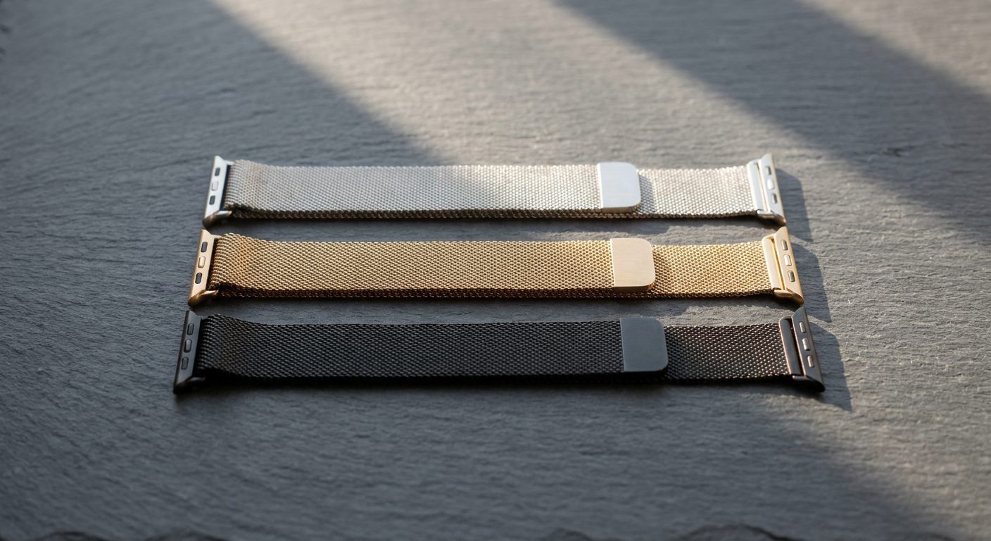 Három különböző színű milánói Apple Watch szíj egy sötét lapon.