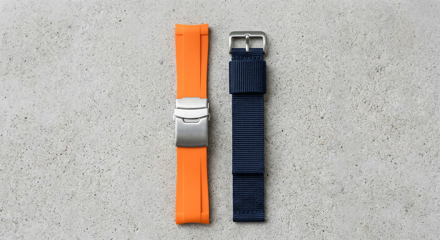 Egy élénk narancssárga szilikon és egy sötétkék szövött Apple Watch szíj.
