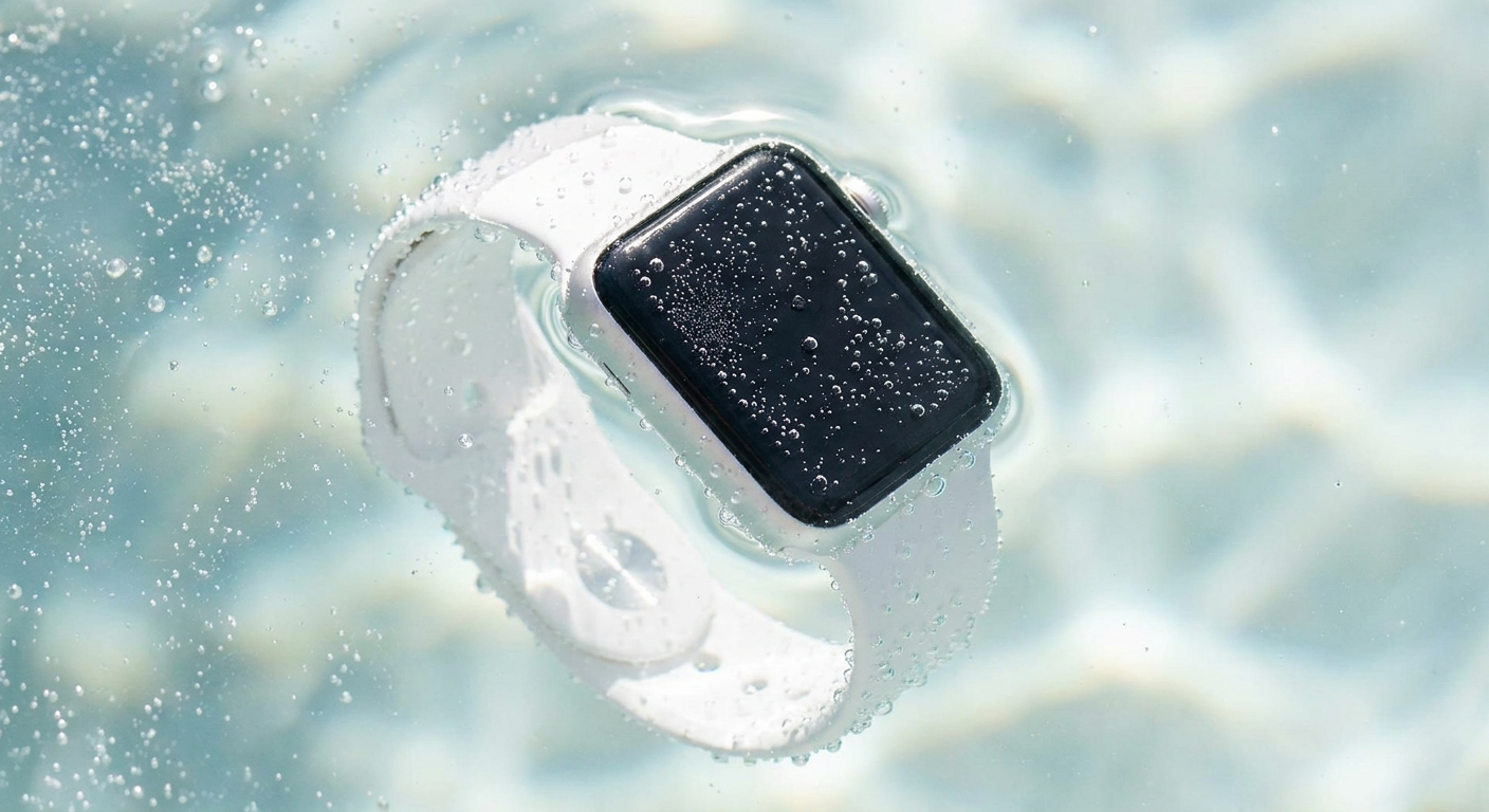 Fehér Apple Watch Sport Szíj tiszta víz alatt, buborékokkal körülvéve