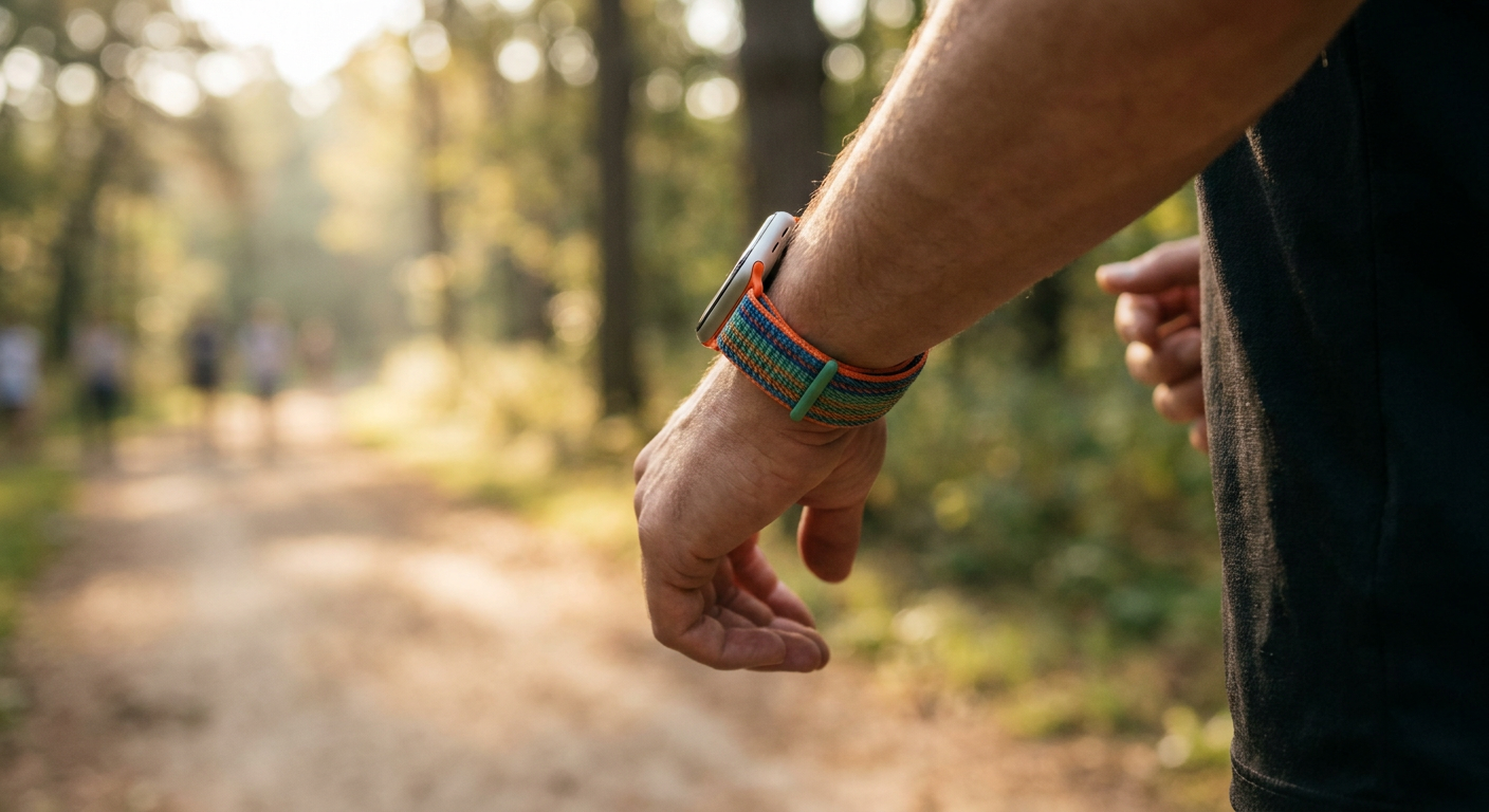 Egy futó csuklóján Apple Watch látható színes Sport Loop szíjjal