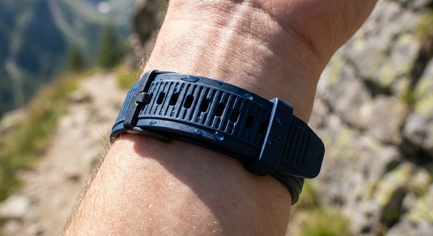 Egy Apple Watch Ocean Band szíj, vízcseppekkel a felszínén, közelről fotózva.