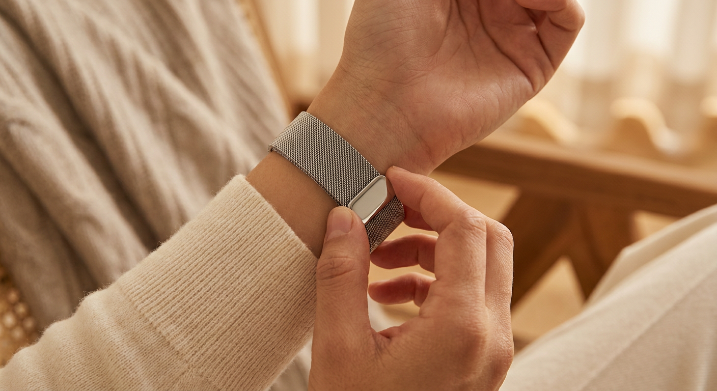 Mágneses csattal ellátott milánói Apple Watch szíj a csuklón.