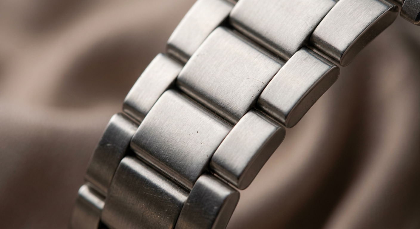 Egy link bracelet fémszíj szemeinek közeli, részletgazdag képe