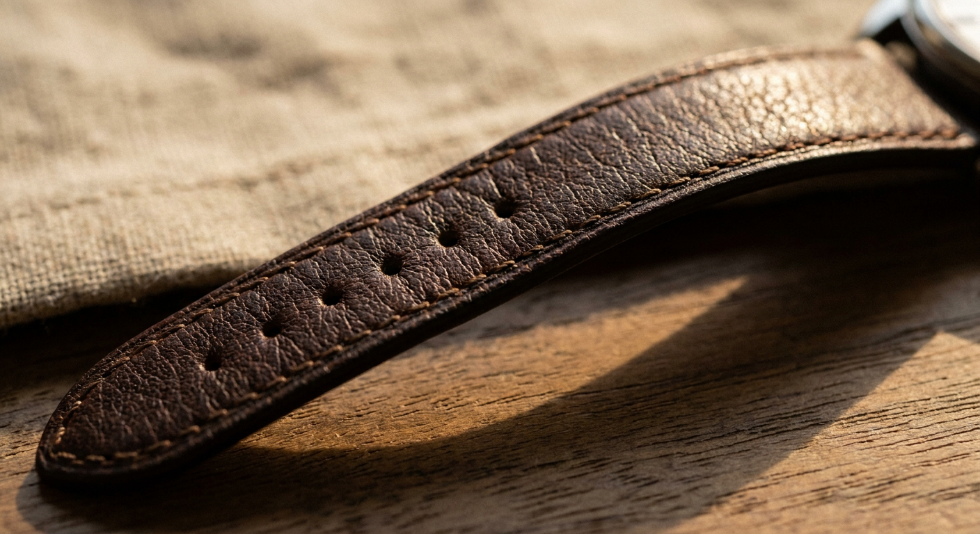 Közelkép egy sötétbarna, varrott bőr Apple Watch szíjról.