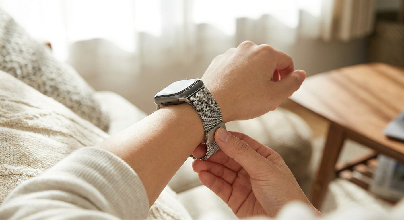 Egy személy csuklóján egy ezüst milánói Apple Watch szíj.