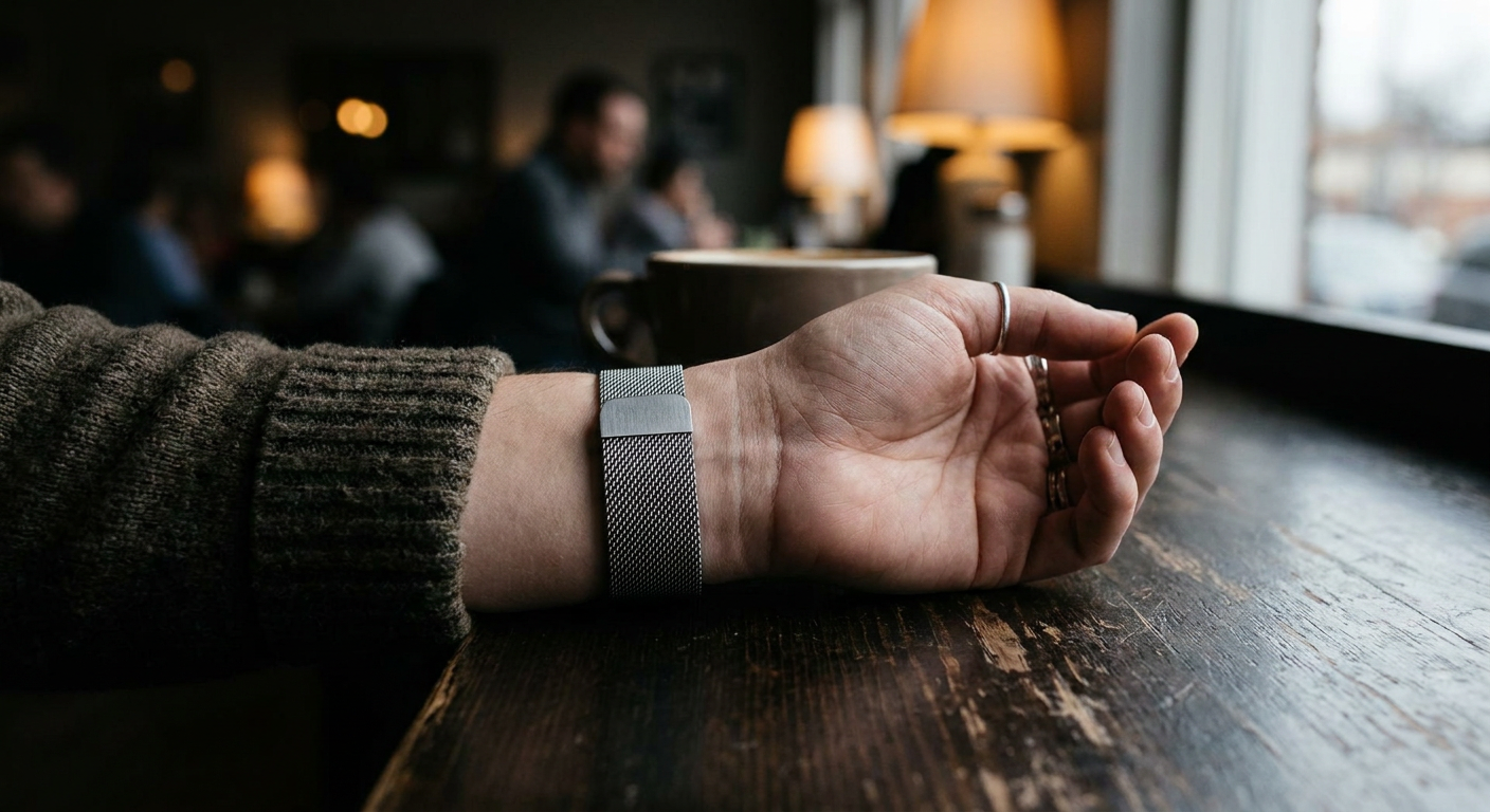Elegáns milánói Apple Watch szíj egy csuklón, kávézói környezetben