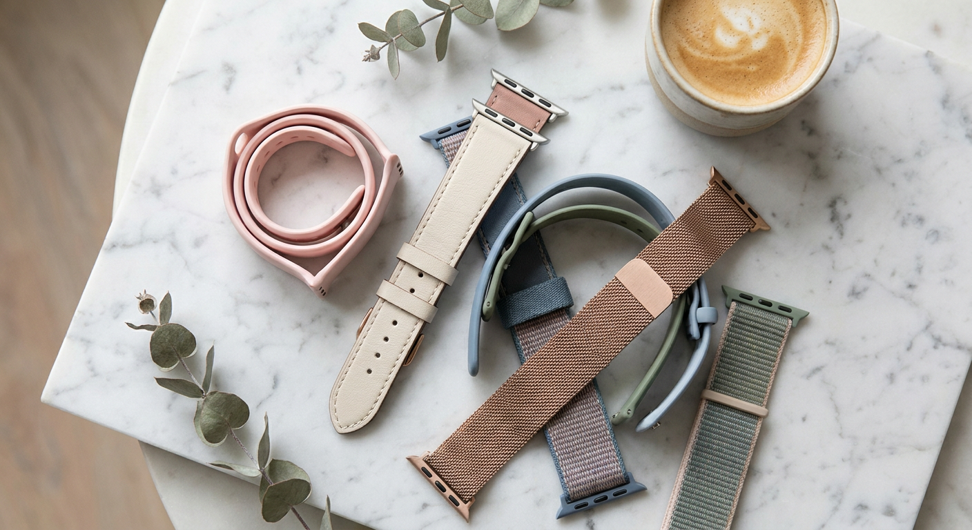 Különböző anyagú és színű Apple Watch szíjak márvány alapon elrendezve.