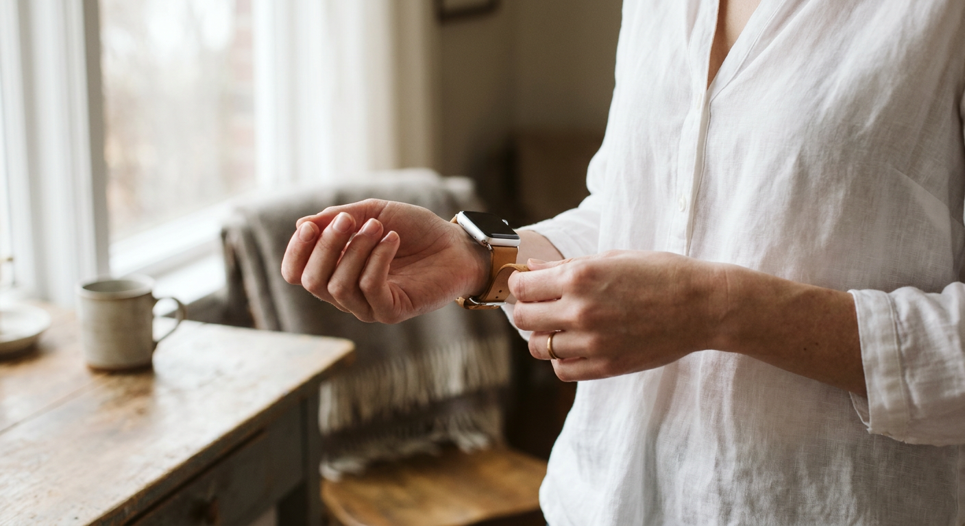 Egy nő egy világosbarna bőrszíjat csatol fel az Apple Watch órájára.