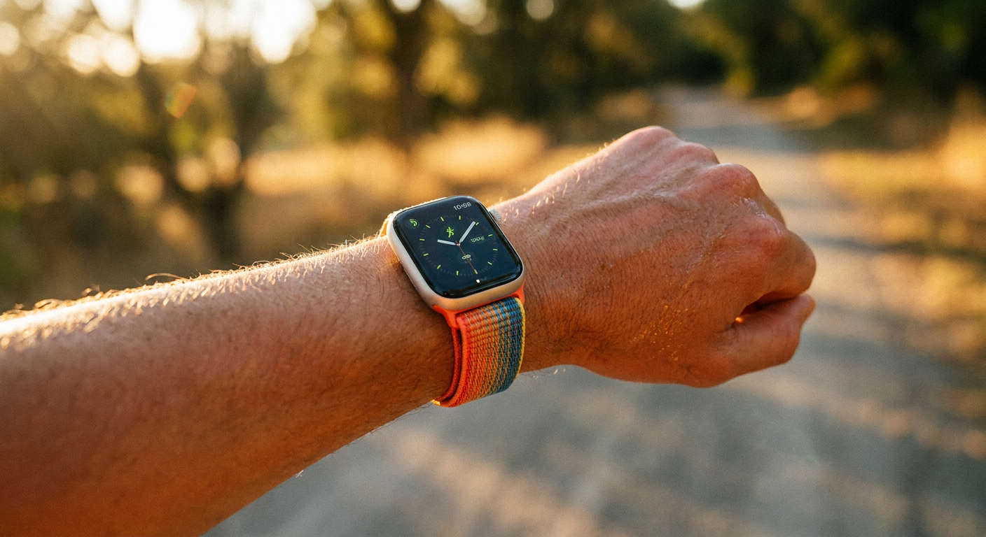 Apple Watch sport loop szíj egy futó csuklóján, közeli nézetben.