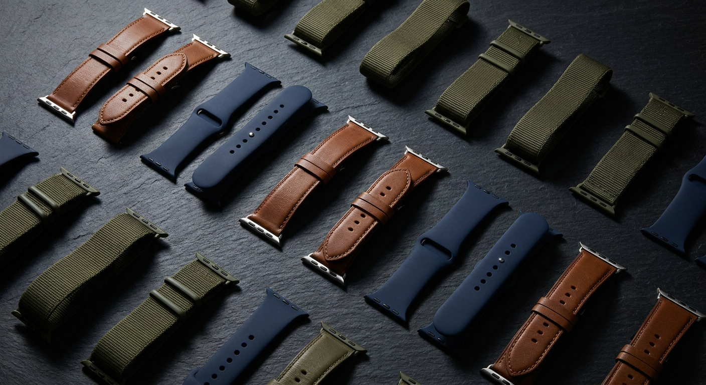 Különböző anyagú Apple Watch szíjak rendezetten elhelyezve egy sötét háttéren