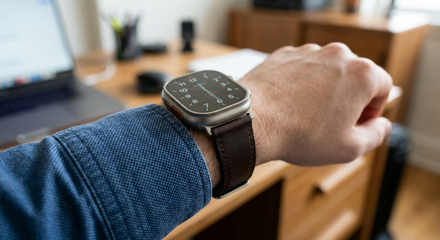 Egy Apple Watch Ultra elegáns barna bőrszíjjal egy ingujj mellett.
