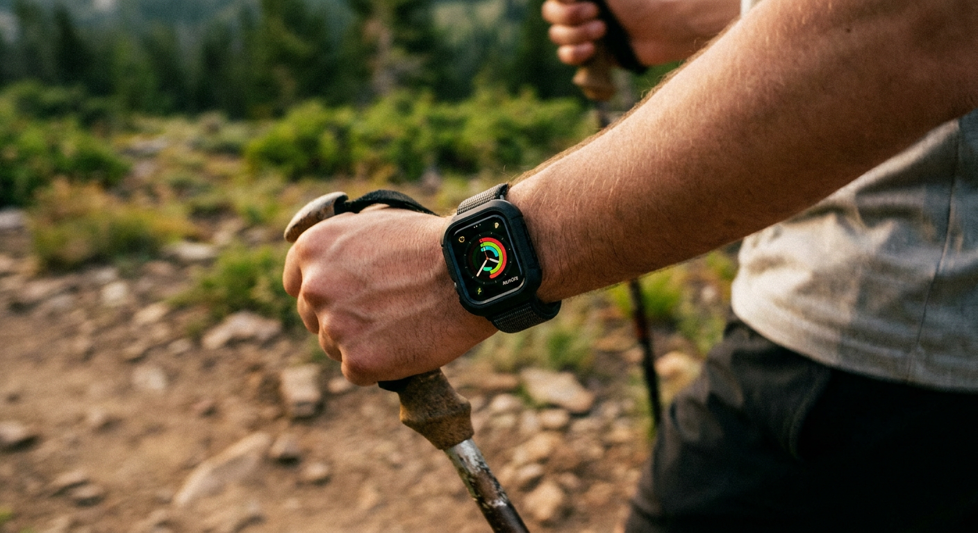 Apple Watch strapabíró tokban egy túrázó csuklóján.