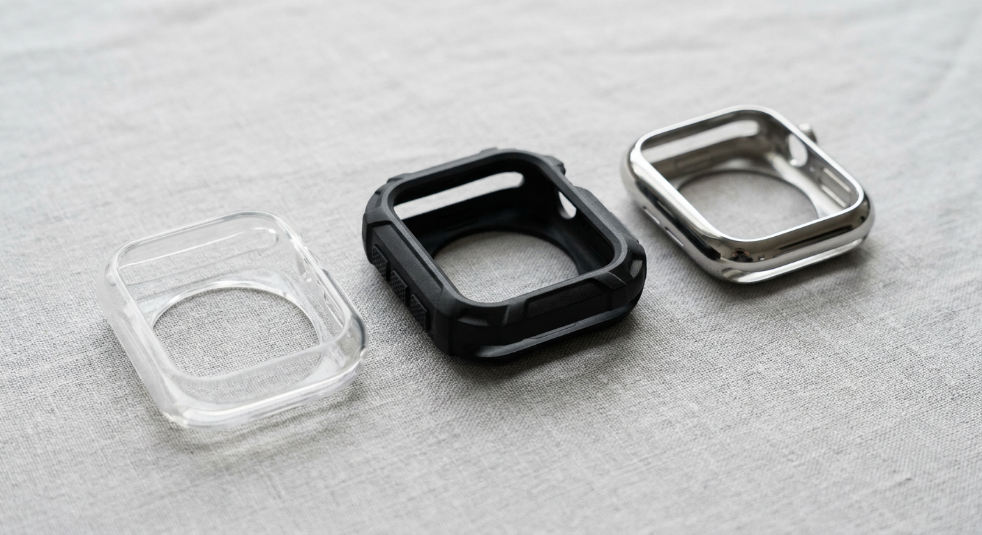 Különböző anyagú Apple Watch tokok: átlátszó, strapabíró és fém.
